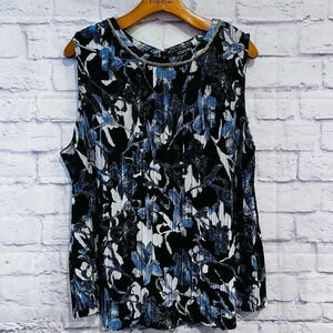 Roz & Ali Womens Blouse Top Plus Size 1X Blue‎ Floral Sleeveless Chain Neckline